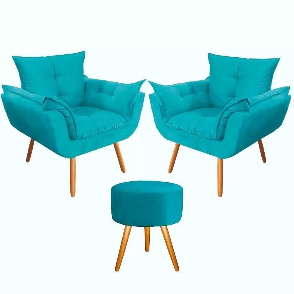 Kit 2 Poltronas Opalas Com Puff Redondo Suede Azul Turquesa