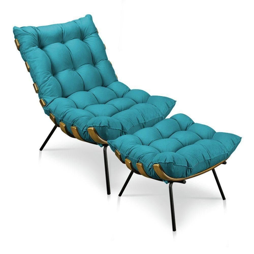 Kit Poltrona Costela Com Puff Para Sala Suede Azul Turquesa