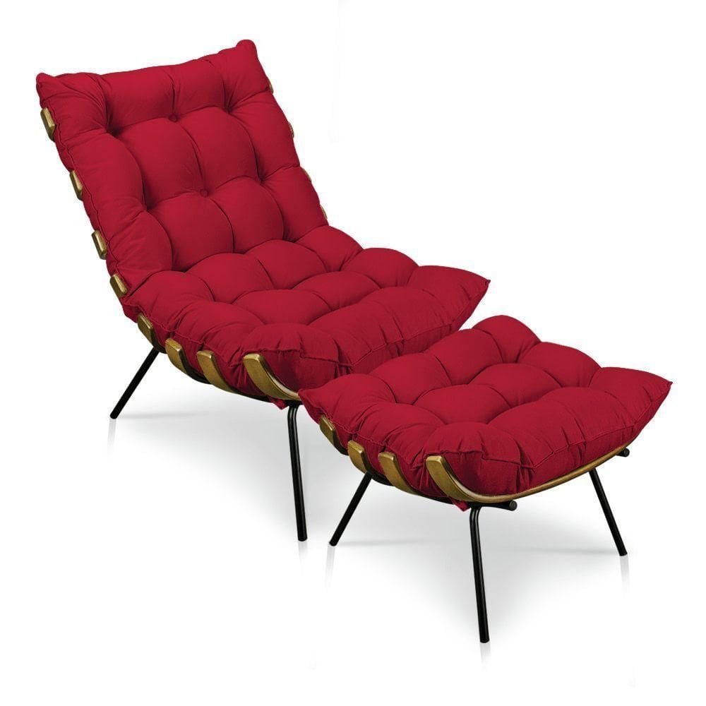 Kit Poltrona Costela Com Puff Para Sala Suede Vermelho