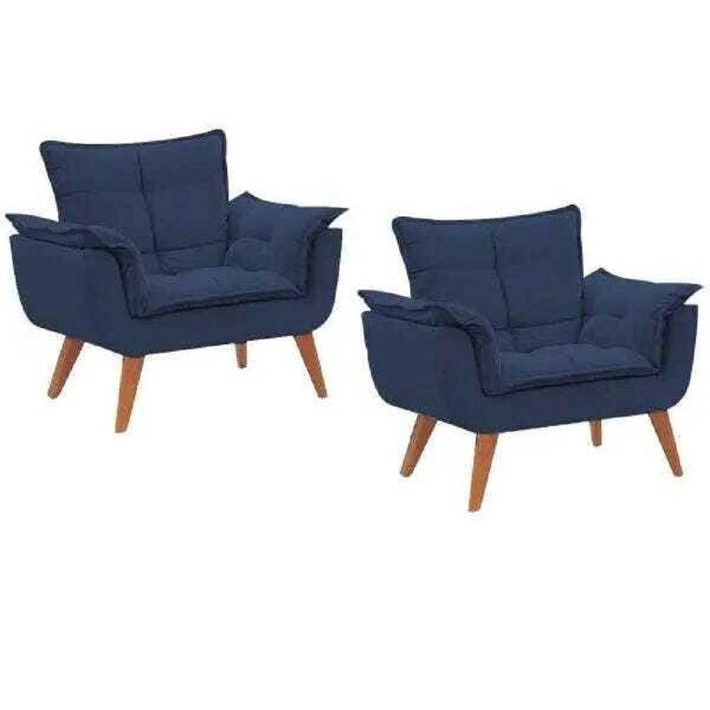 Kit 2 Poltronas Opalas Com Puff Redondo Suede Azul Marinho