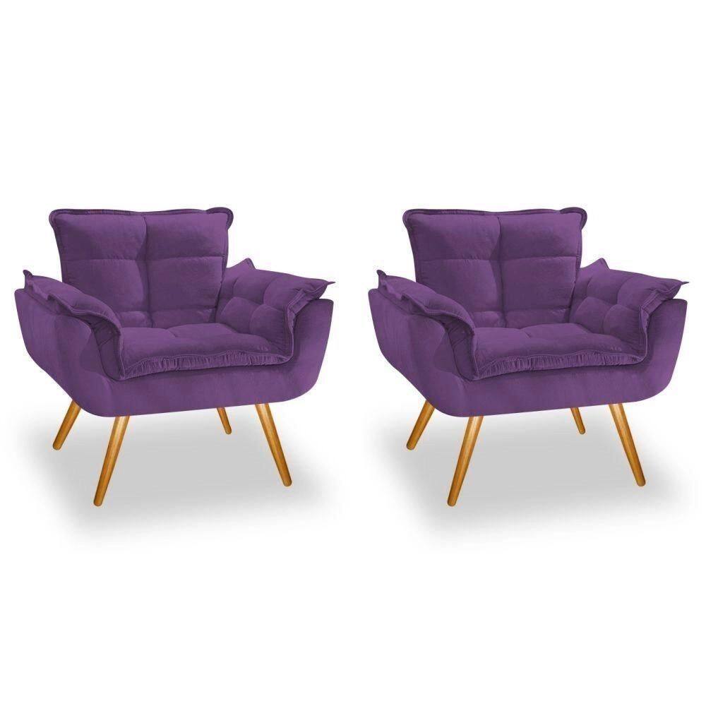 Kit 2 Poltronas Opalas Com Puff Redondo Suede Roxo