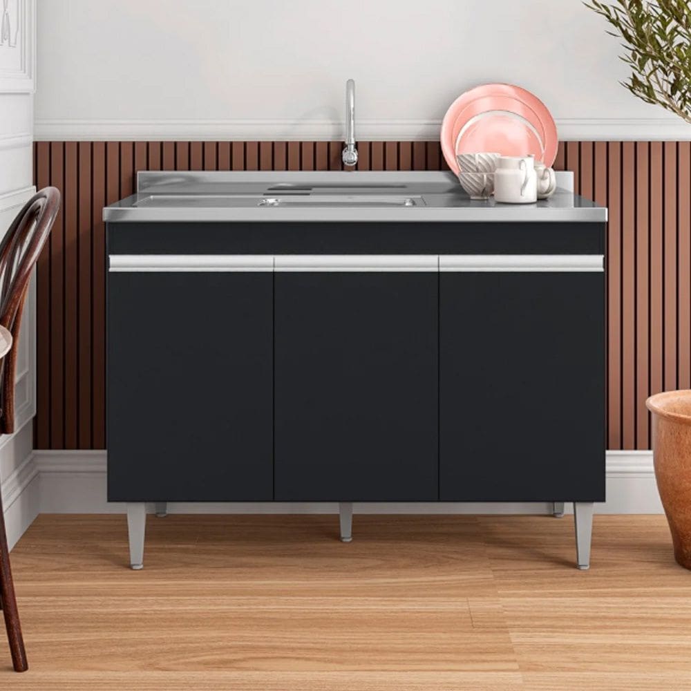 Balcão Manu com Pia e Cuba GhelPlus 120cm Preto AJL Móveis