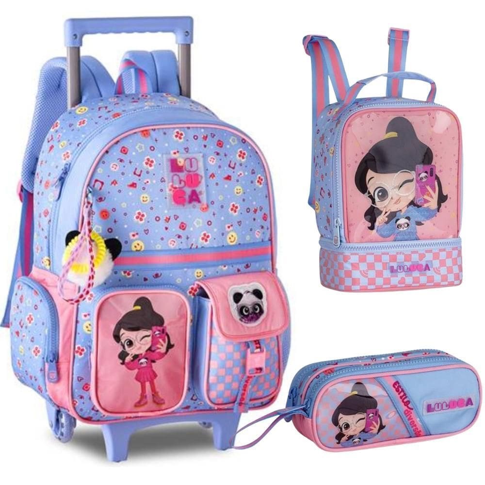 Kit Mochila De Rodinhas Lancheira Estojo Luluca Lu24614 Azul
