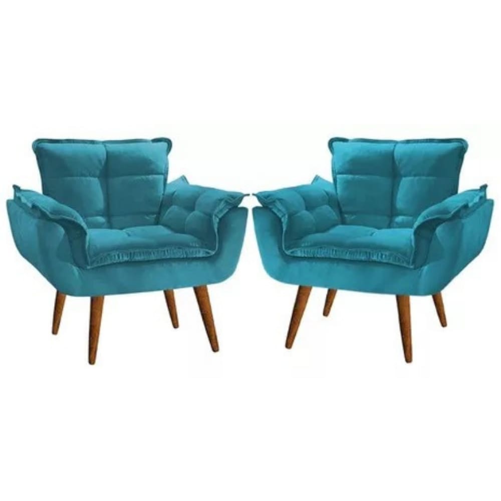 Kit 2 Poltronas Opalla Decorativa Reforçada Recepção Sala De Estar Suede Azul Tifany