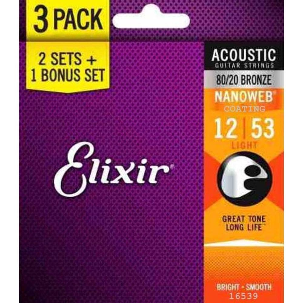 Kit Com 3 Encordoamentos Elixir Violão Aço 012 80/20 - 16539