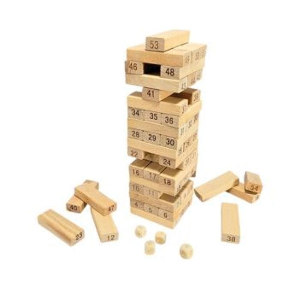Jogo Torre Divertida 54 Pecas DM Toys Blocos de Madeira para Empilhar Brinquedo Recreativo com Dados