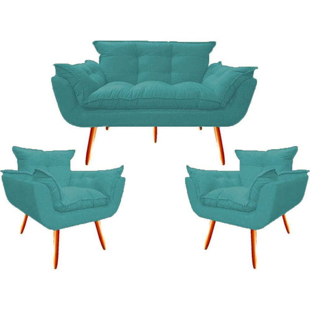Namoradeira + 2 Poltronas Opalla Decorativa Reforçada Recepção Sala De Estar Suede Azul Tifany