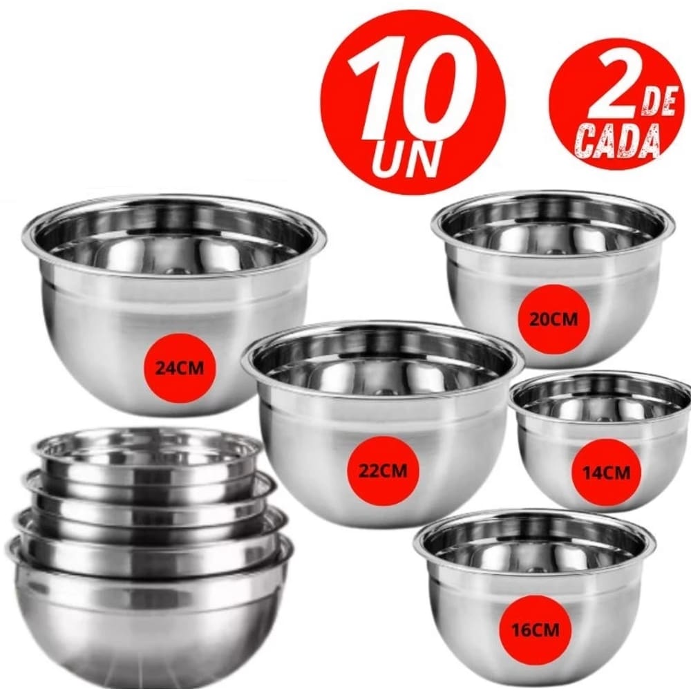 Kit Cozinha 10 Tigelas de Potes Bowls em Aço Inox