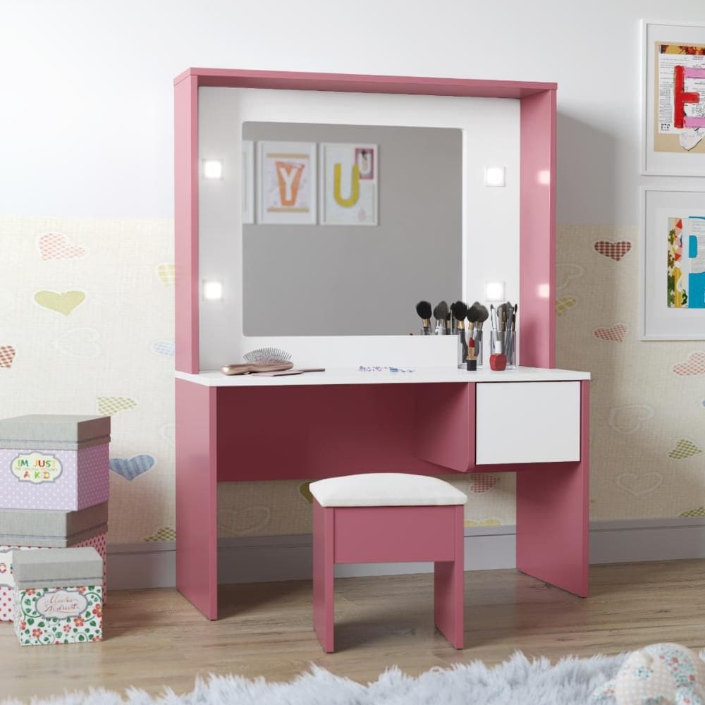 Penteadeira Infantil Helena Led e Banqueta Rosa/Branca