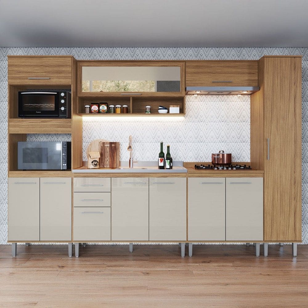 Armário de Cozinha Elóra com Balcão para Pia e Cooktop 11 Portas 2 Gavetas Naturallle/Cristalo - Pnr Móveis