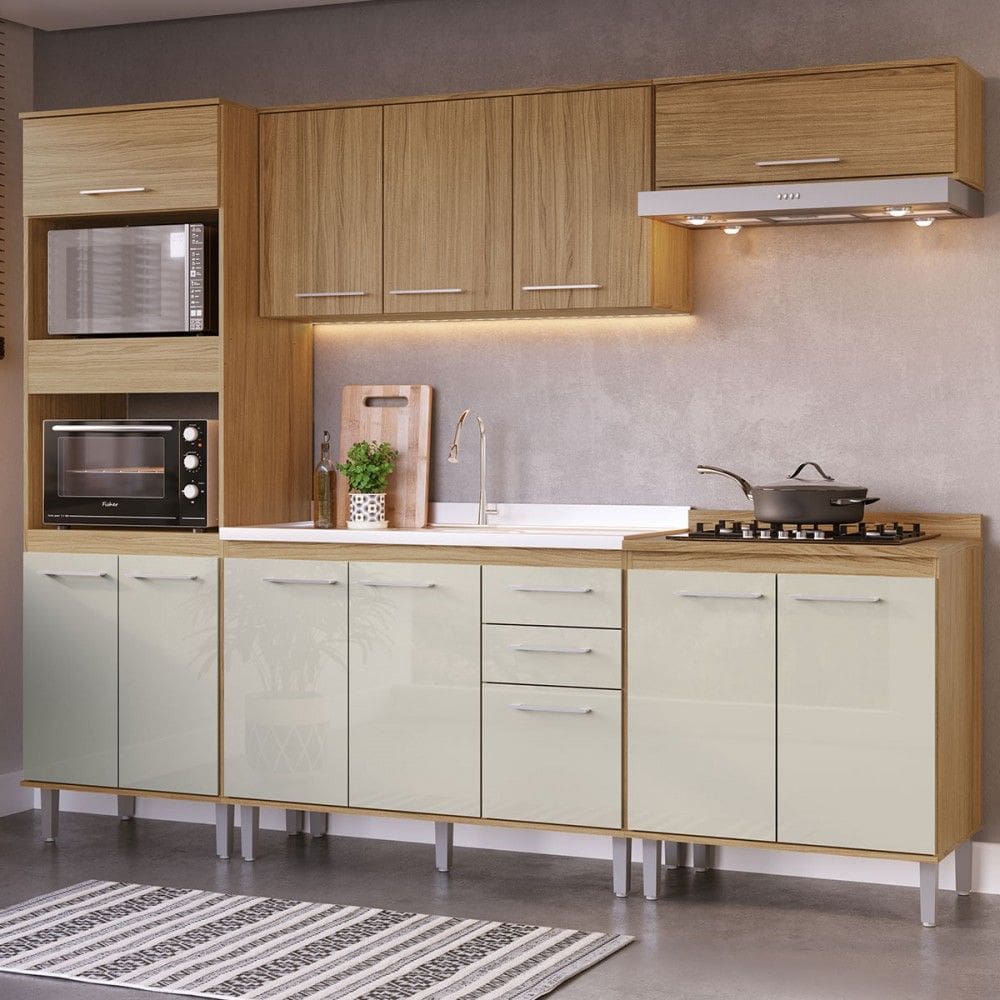 Armário de Cozinha Elóra com Balcão para Pia e Cooktop 12 Portas 2 Gavetas Naturallle/Cristalo - Pnr Móveis