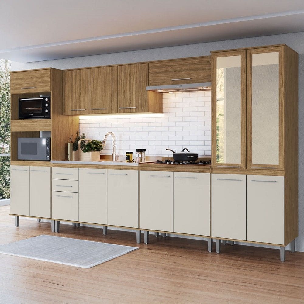 Armário de Cozinha Elóra com Balcão para Pia e Cooktop 16 Portas 2 Gavetas Naturallle/Cristalo - Pnr Móveis