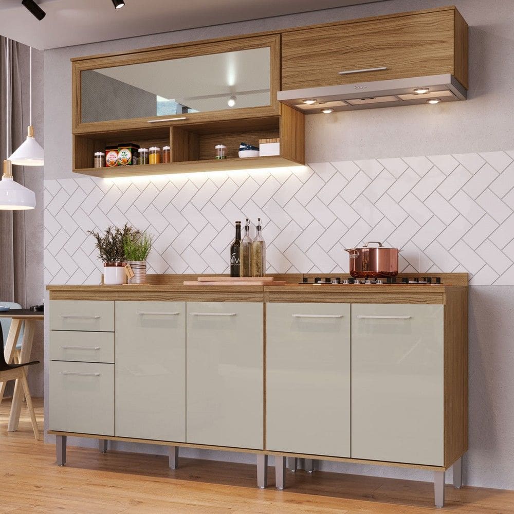 Armário de Cozinha Elóra com Balcão para Pia e Cooktop com Tampo 7 Portas 2 Gavetas Naturallle/Cristalo - Pnr Móveis