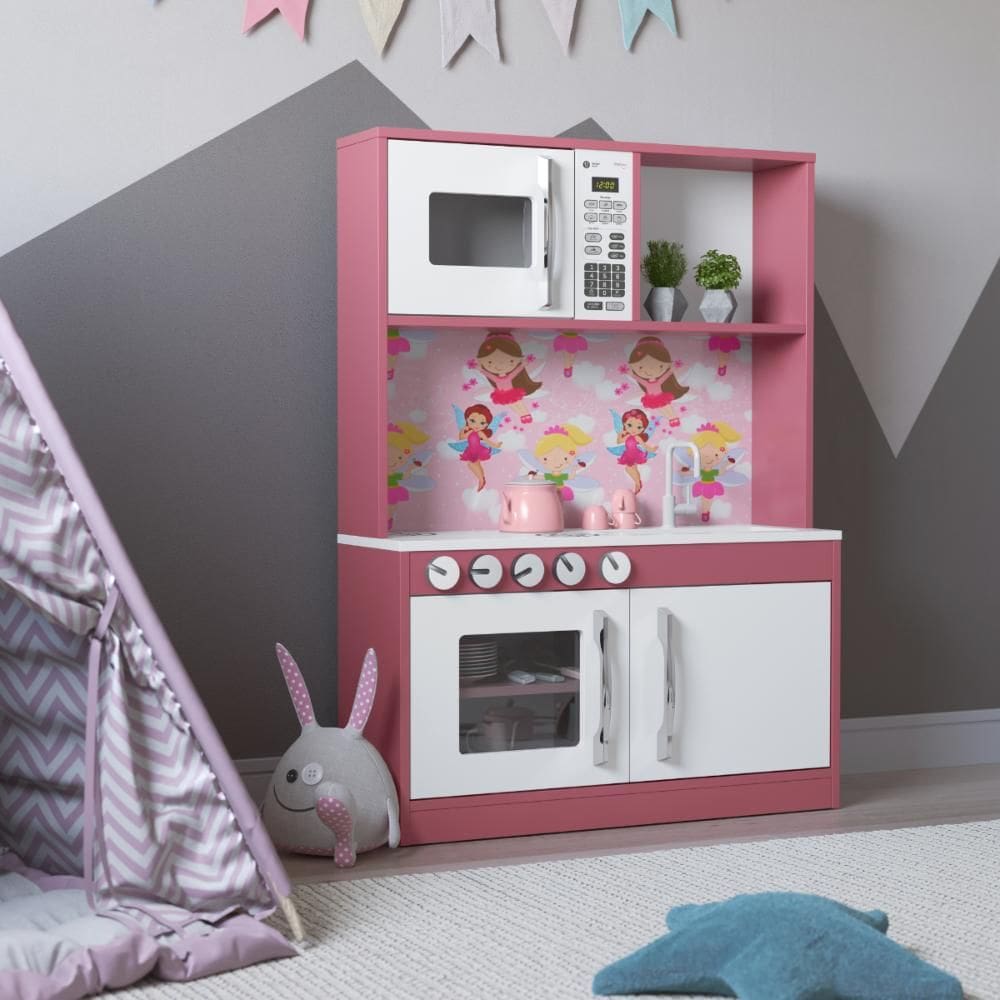 Cozinha Infantil Helena c/ Fogão Forno e Armários Branco/Rosa