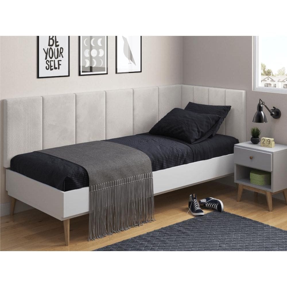 Conjunto de Cabeceira Solteiro Clara Proteção Lateral Bege Suede