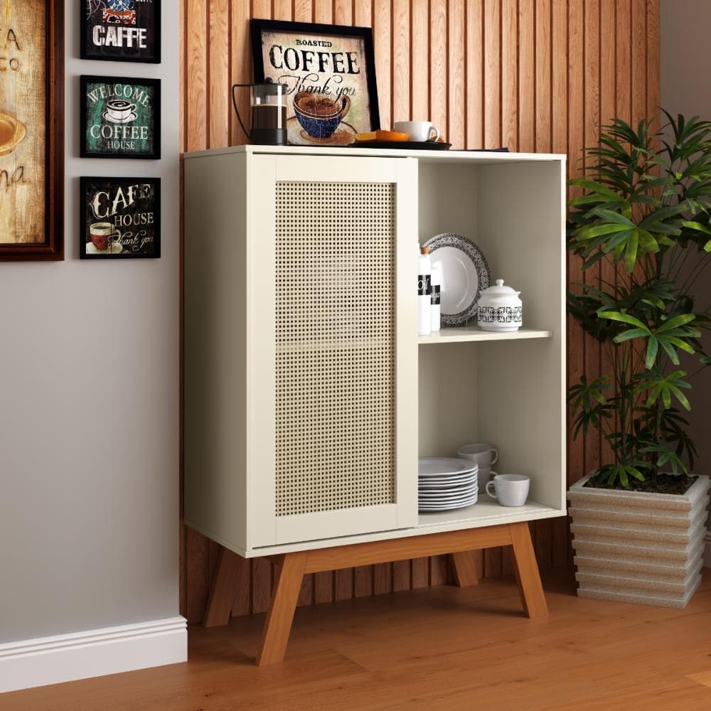 Balcao Alto Aparador Buffet com Porta de Correr Bali pés em Madeira Off White