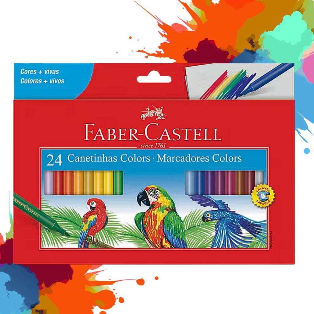 Canetinha Hidrográfica 24 Cores Hidrocor Lavável Canetinhas Colors Colorida - Faber Castell