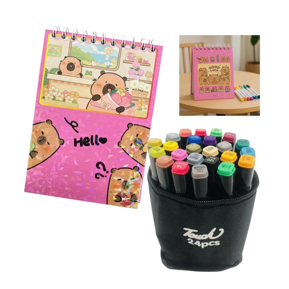 Canetinhas 24 Cores Livro Colorir Desenho Capivara Fofa 100 Paginas Divertida Hobbie Pintura Lazer Relaxante