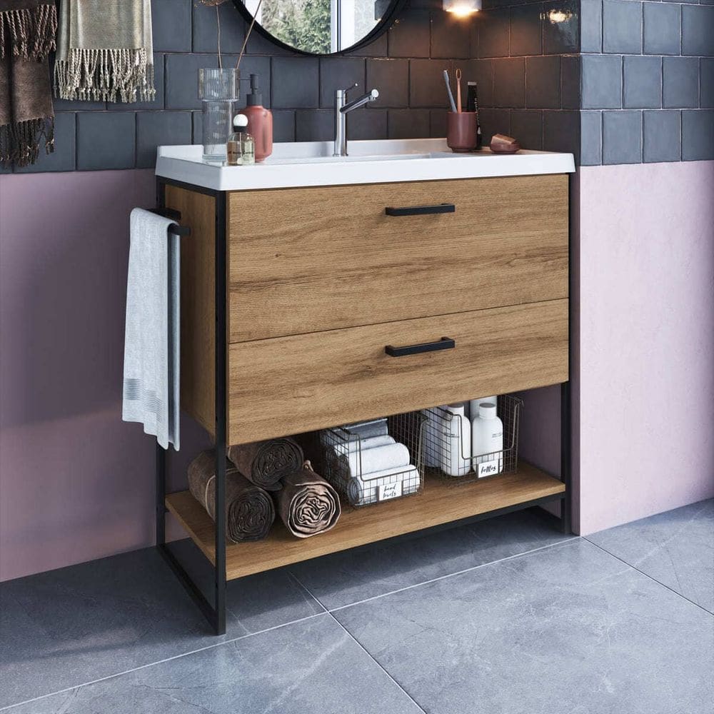 Gabinete Para Banheiro 80cm P1008 com Lavatório Preto Marrom