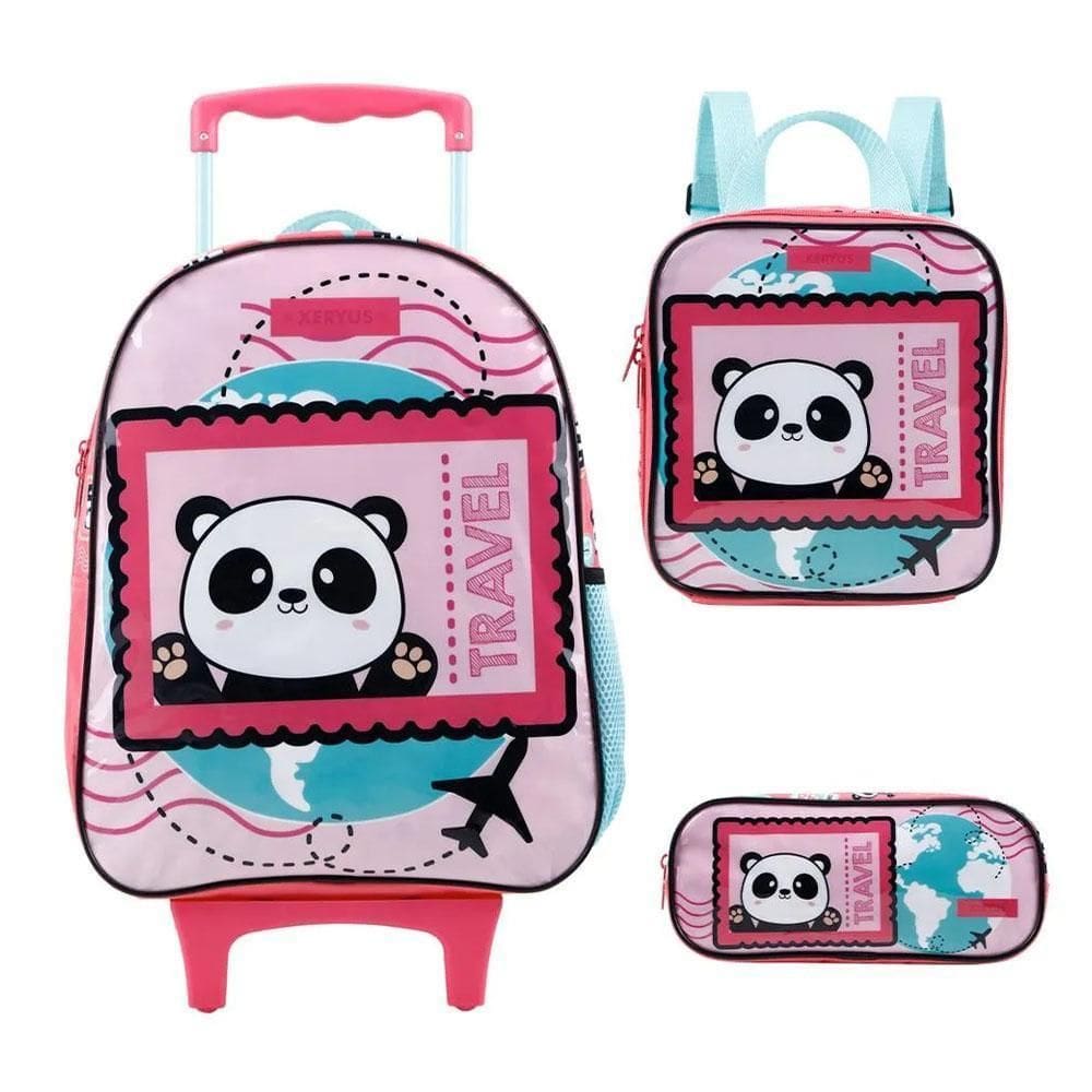 Kit Mochila Rodinha + Lancheira + Estojo Panda Travel Xeryus
