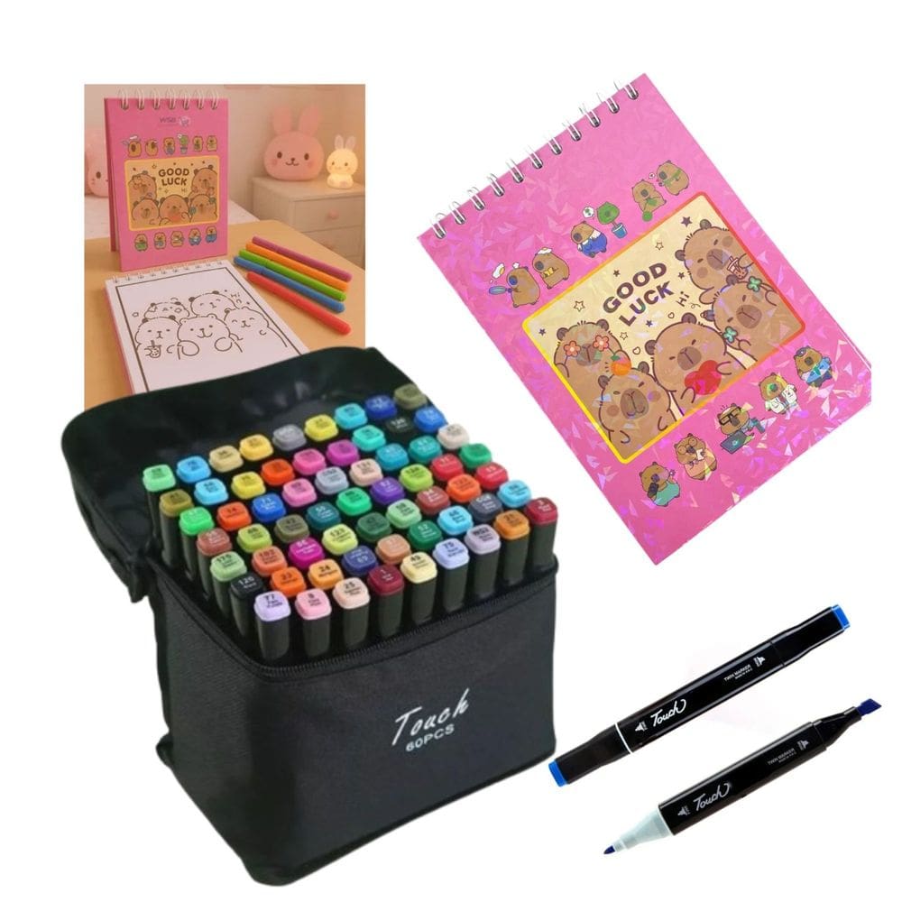 Canetinhas 60 Cores Livro De Pintar Capivara Feliz Divertida 50 Folhas Estojo Colorir Desenho Pintura Relaxante Hobbie