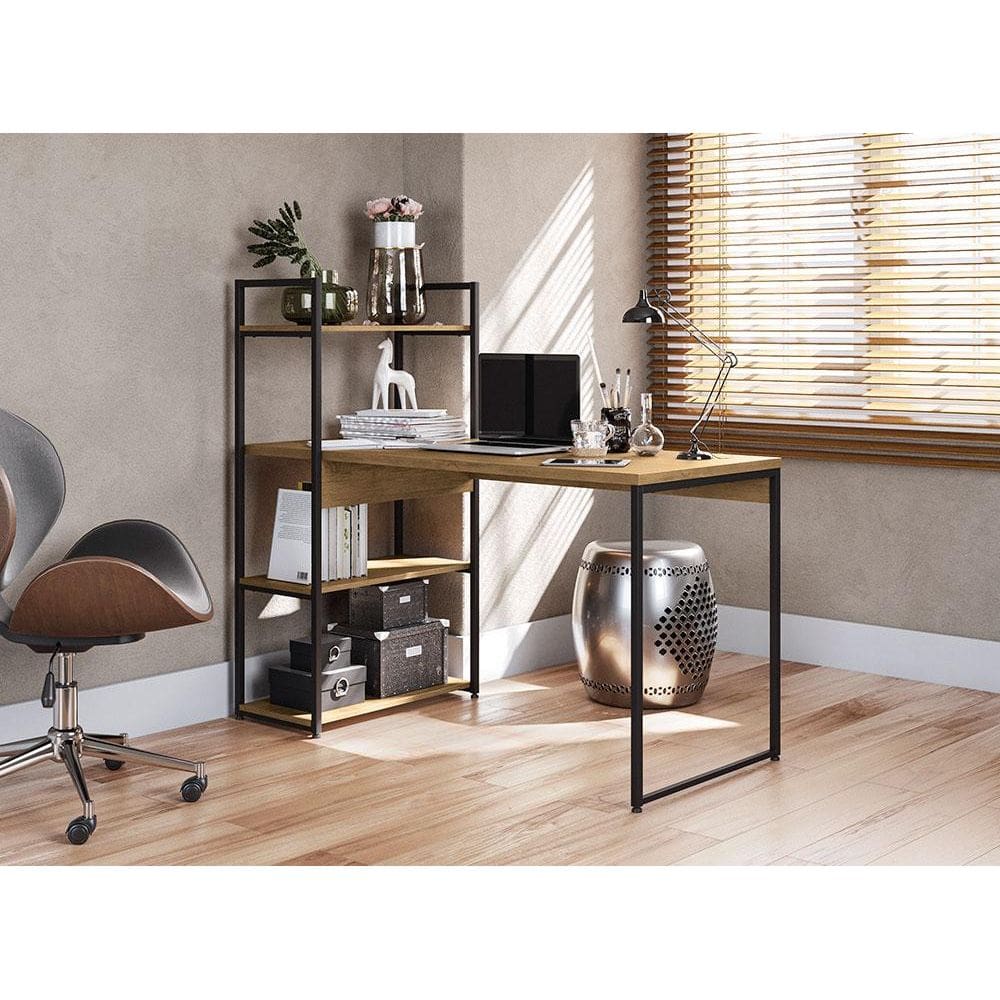 Mesa Escritório Desk Com 3 Prateleiras Freijó/Preto Fosco