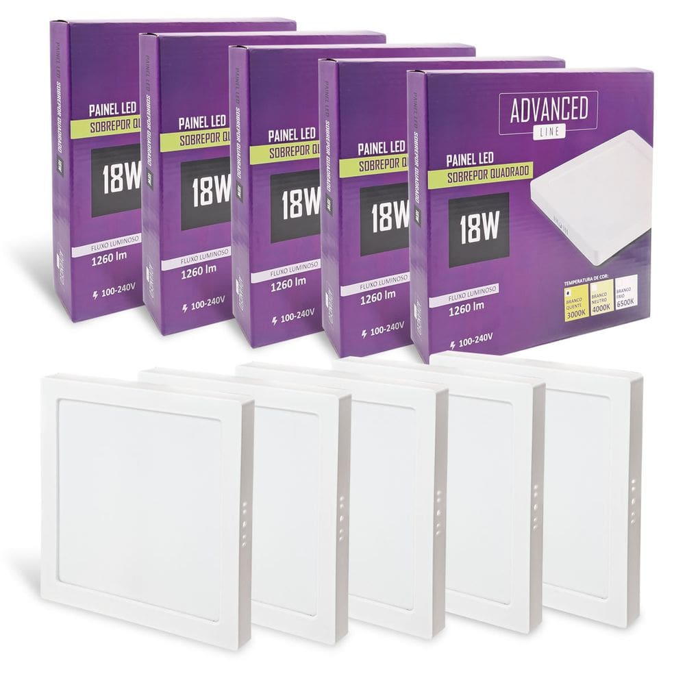 5x Painel Plafon Led Quadrado Sobrepor Luz Quente 18w 3000k