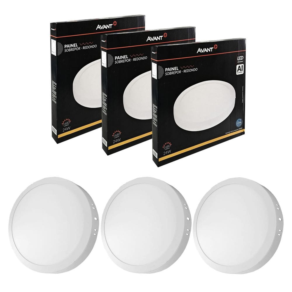 3x Painel Plafon Led Sobrepor Redondo 24w Luz Quente 3000k