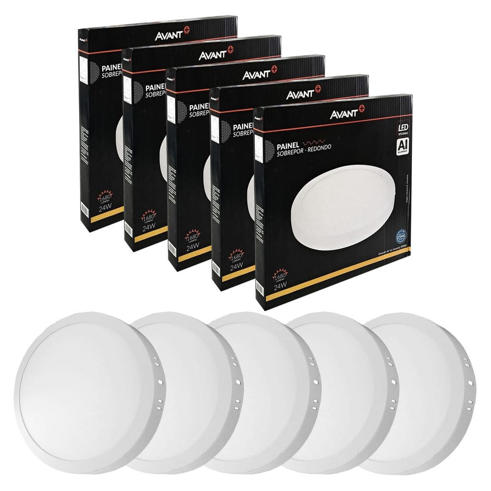 5x Painel Plafon Led Sobrepor Redondo 24w Luz Quente 3000k