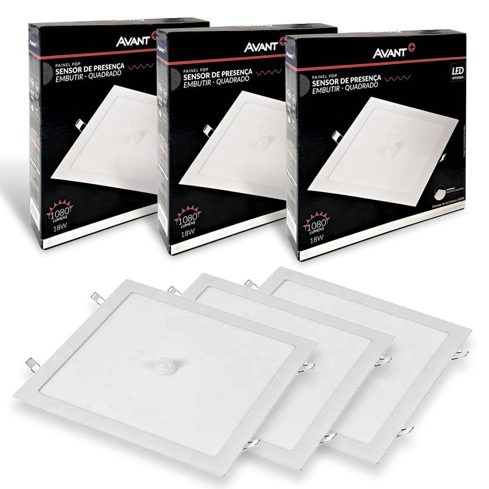 3x Painel Plafon 18w Quadrado Sensor Presença Embutir Fria