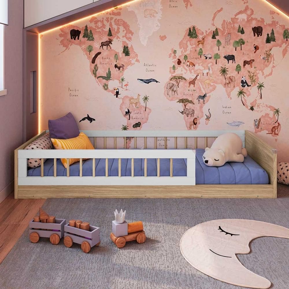 Cama De Chão Infantil Solteiro 85 x 194 cm Proteção Lateral Anna JM Móveis