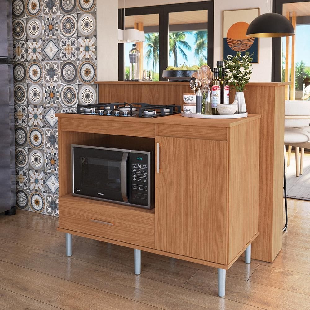 Kit Bancada Ilha para Cozinha + Balcão Para Cooktop 1,05m 5 Bocas Turim