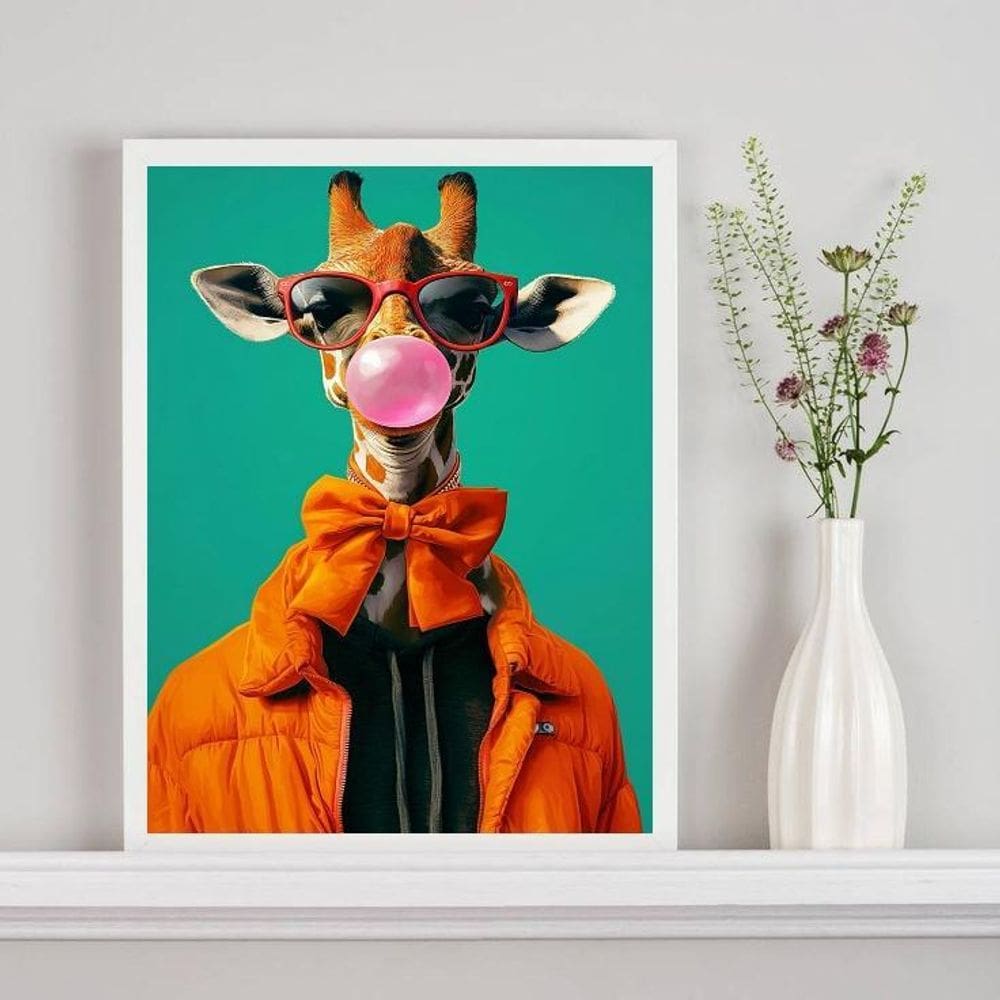 Quadro Girafa Moderna Fashion Colorida 33X24Cm - Com Vidro