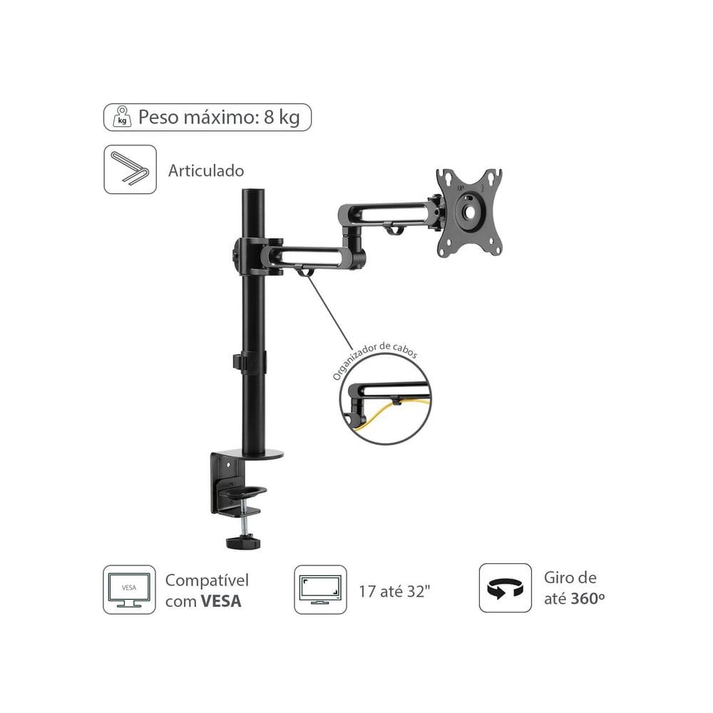 Suporte Articulado Para Monitor De 17 A 32" Com Rotação 360° - Sm400a