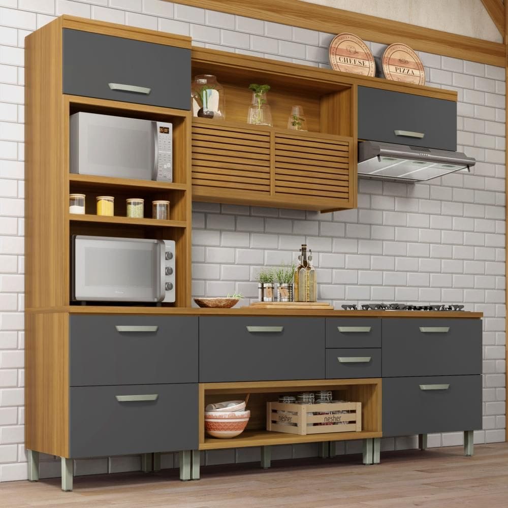 Cozinha Completa 5 Portas 4 Gavetas Ripado 100% MDF Princesa Freijó/Off White Nesher