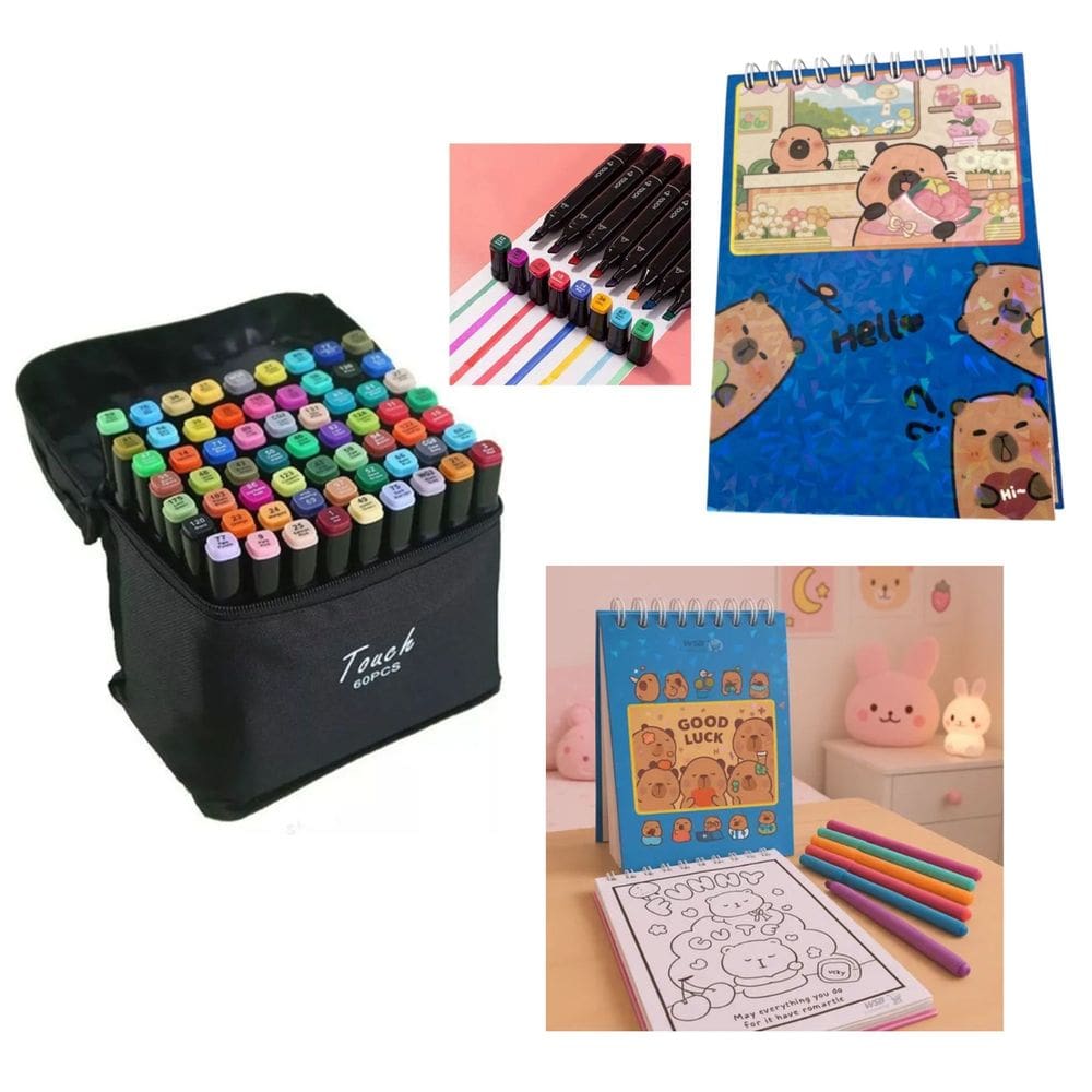 Canetinhas 80 Cores Livro Pintar Colorir Capivara Fofa 50 Folhas Divertida Estojo Pintura