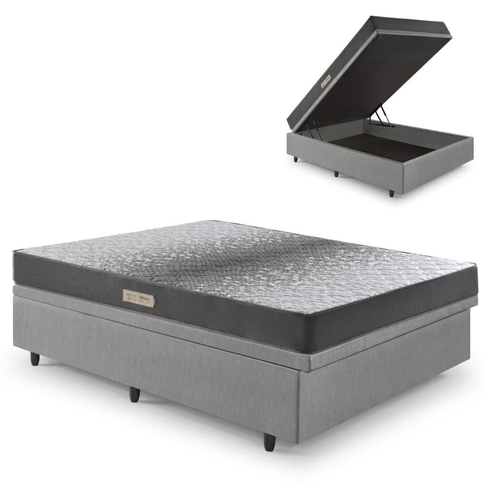 Cama Baú Casal 138x188 Courino Linho Cinza com Dual Firm Espuma Ecoflex