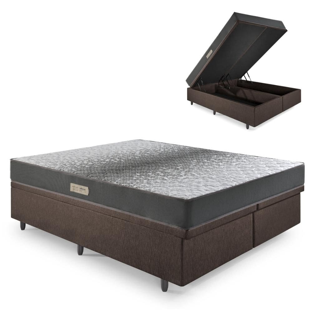 Cama Baú Queen 158x198 Courino Linho Marrom com Dual Firm Espuma Ecoflex