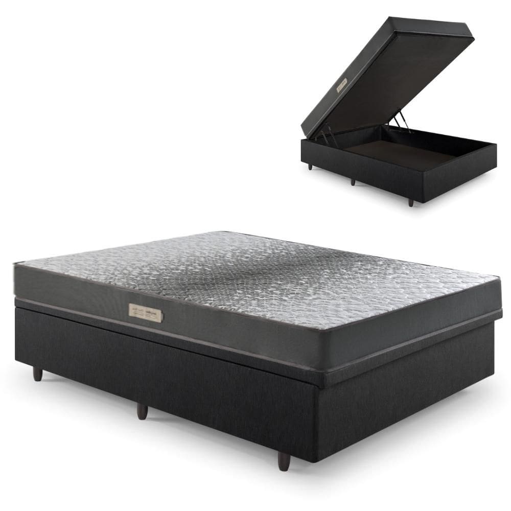 Cama Baú Casal 138x188 Courino Linho Preto com Dual Firm Espuma Ecoflex