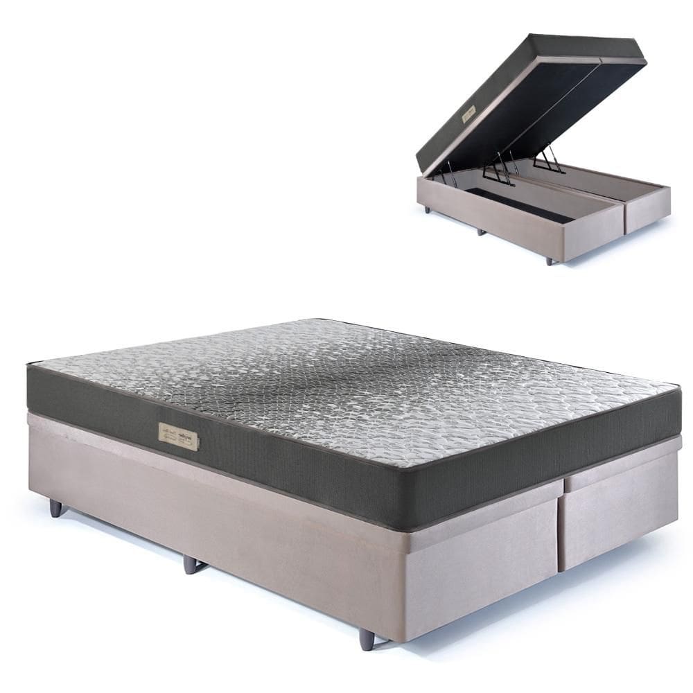 Cama Baú Queen 158x198 Suede Bege com Dual Firm Espuma Ecoflex