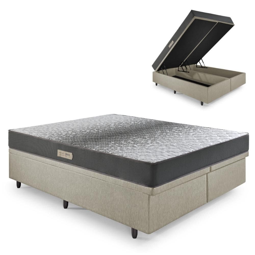 Cama Baú Queen 158x198 Courino Linho Bege com Dual Firm Espuma Ecoflex