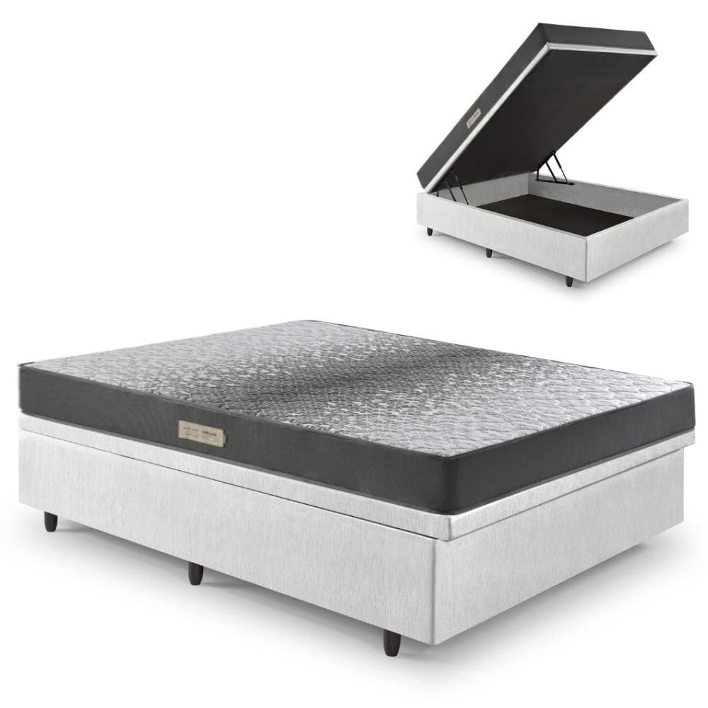 Cama Baú Casal 138x188 Courino Linho Branco com Dual Firm Espuma Ecoflex