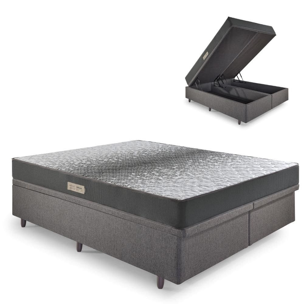 Cama Baú Queen 158x198 Linho Cinza com Dual Firm Espuma Ecoflex