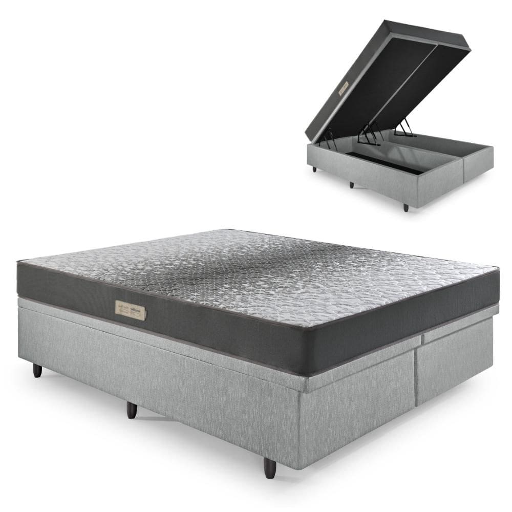 Cama Baú Queen 158x198 Courino Linho Cinza com Dual Firm Espuma Ecoflex