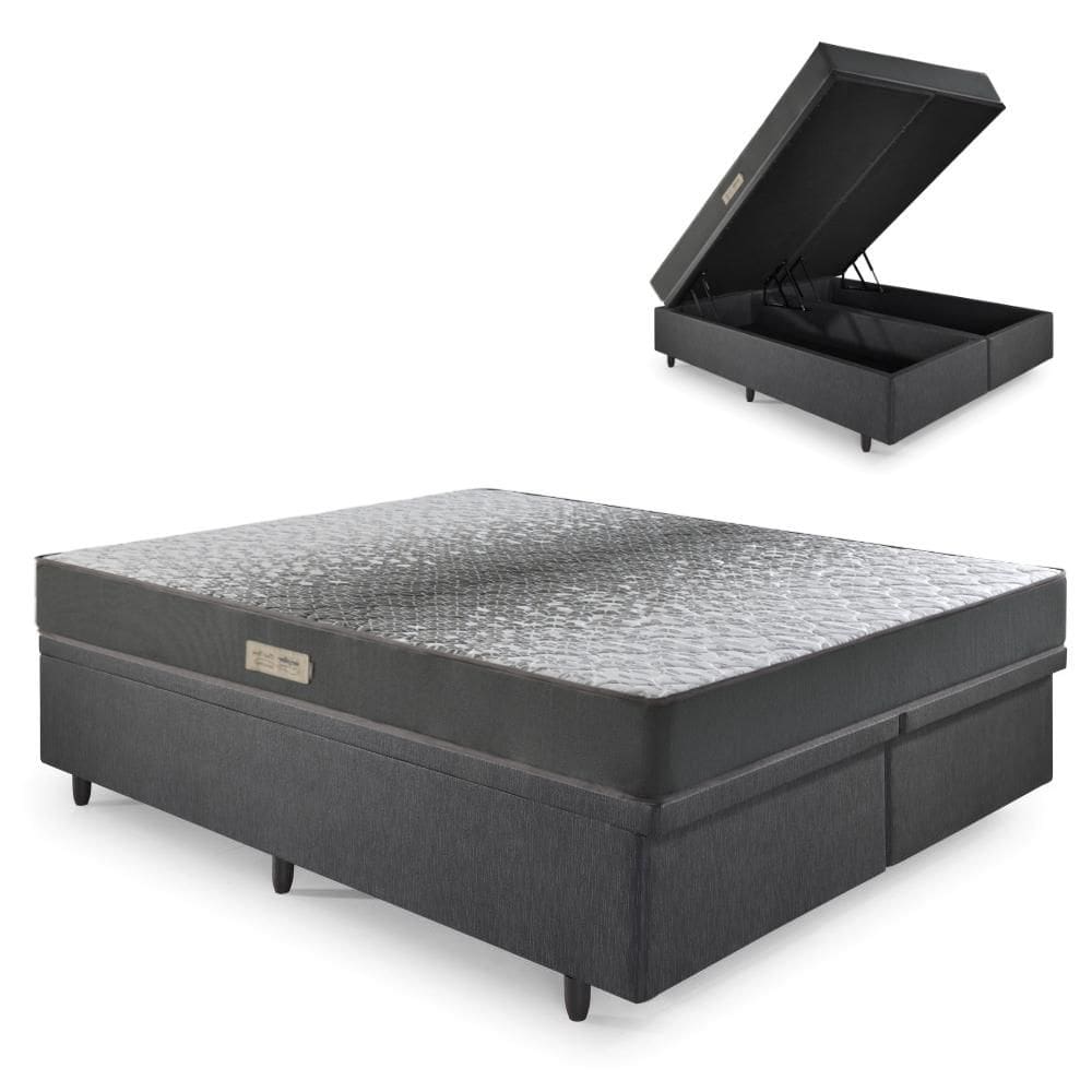 Cama Baú Queen 158x198 Courino Linho Preto com Dual Firm Espuma Ecoflex