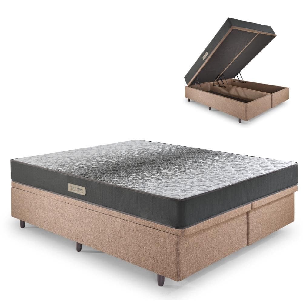Cama Baú Queen 158x198 Linho Marrom com Dual Firm Espuma Ecoflex