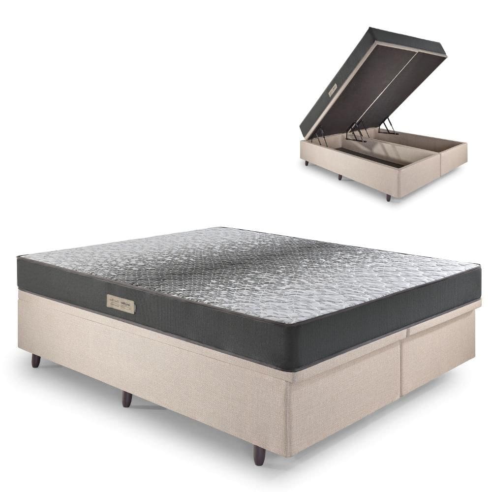 Cama Baú Queen 158x198 Linho Bege com Dual Firm Espuma Ecoflex