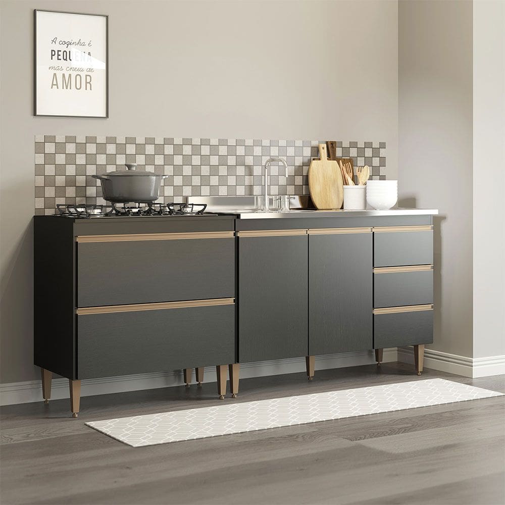 Balcão Multiuso de Cozinha para Kitnet 200x88cm MDP Preto Menu Móveis