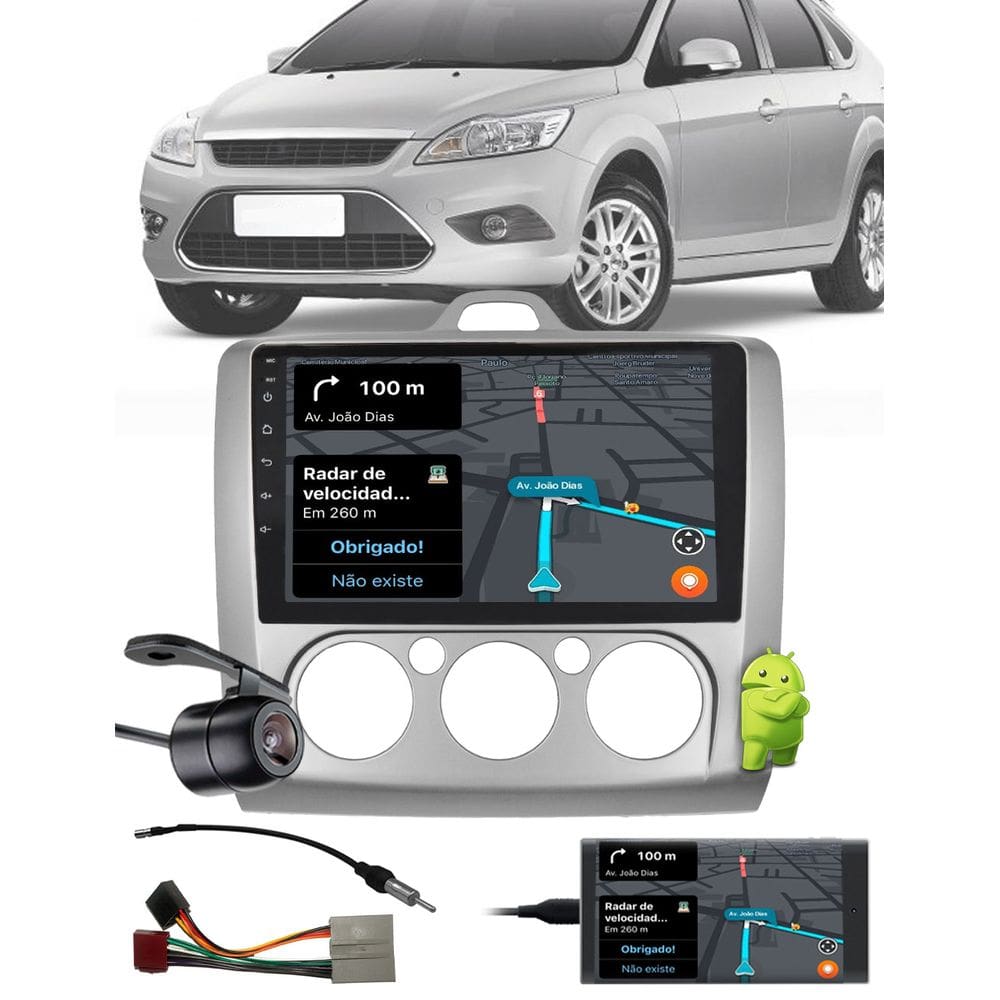 Multimídia 2 Din 9” Polegadas Android Focus 2009 até 2012 Hatch e Sedan + Câmera de Ré + Moldura + Chicote + Adaptador de Antena