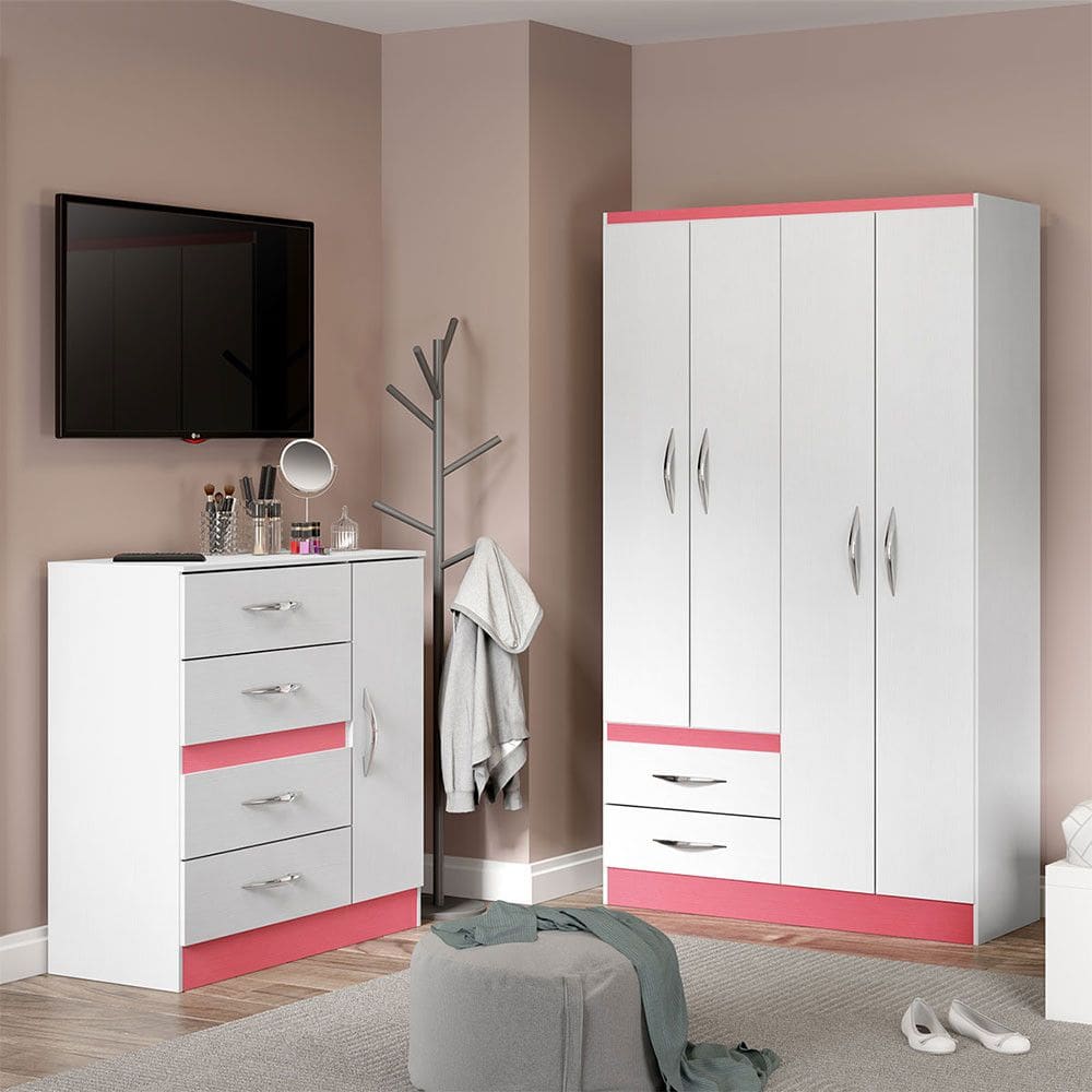 Kit para Quarto Infantil com Guarda-Roupa e Cômoda MDP Branco Rosa Menu Móveis